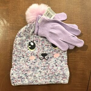 👧 2 for 17 NWT Knitted hat and gloves set rabbit face & pompon. Lilac and pink.